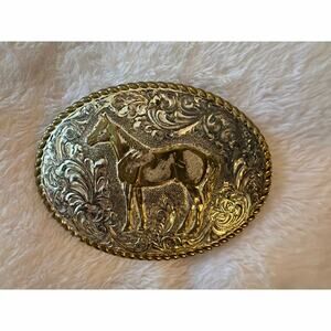 Vintage Crumrine Mfg USA Deer Western Belt Buckle Gold Silver Tone Oval Buck